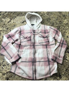 Size Small Rising Women’s Zip Up Sweater Pink Plaid 4 Pockets Hooded Comfy PK